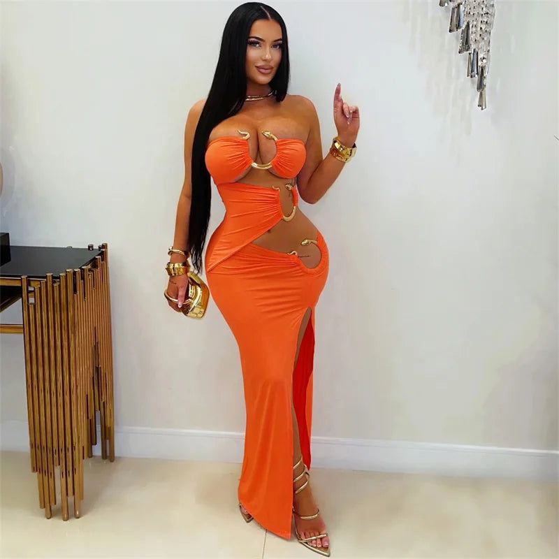 Alabama Metal Ring Bandage Strapless Night Hollow Out Bodycon Maxi Dress