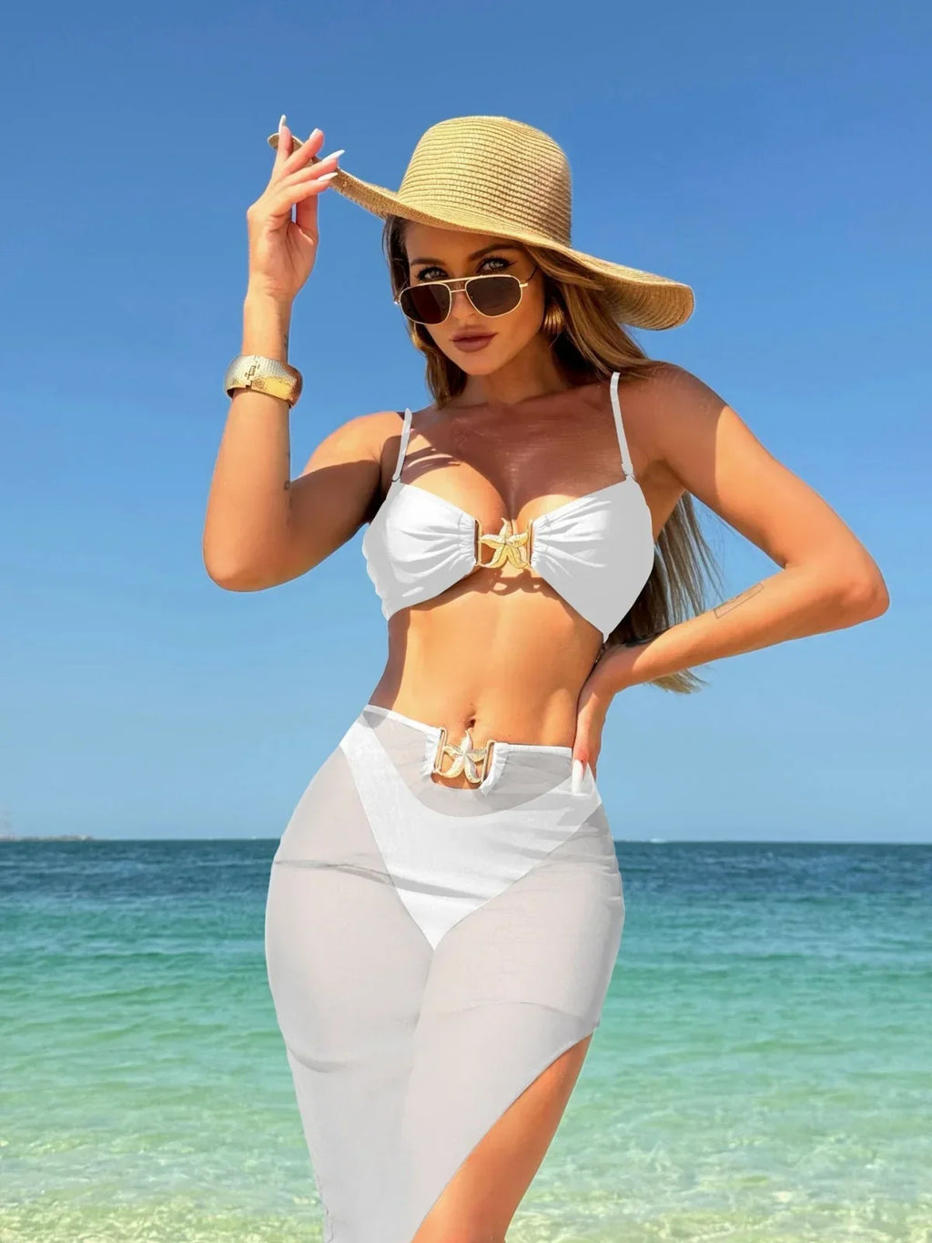 Peconic Starfish Ornament Push Up High Waist Swimsuit Beach Bathing Tree Pieces Set