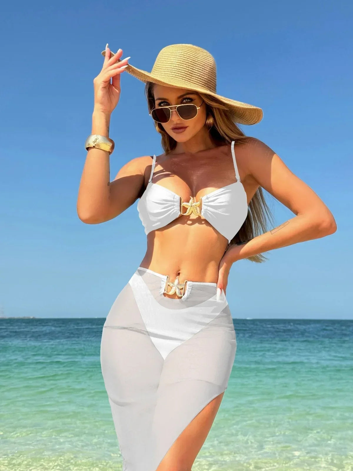 Peconic Starfish Ornament Push Up High Waist Swimsuit Beach Bathing Tree Pieces Set