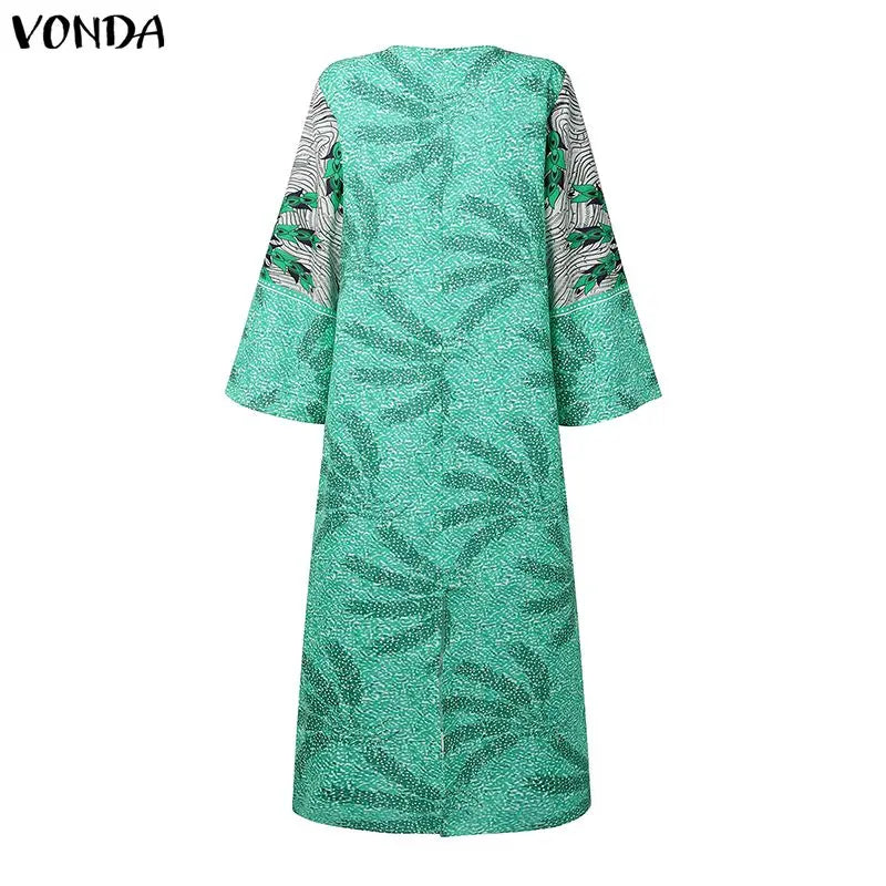 Samba Plus Size Bohemian Long V Neck Sleeve Printed Maxi Dress