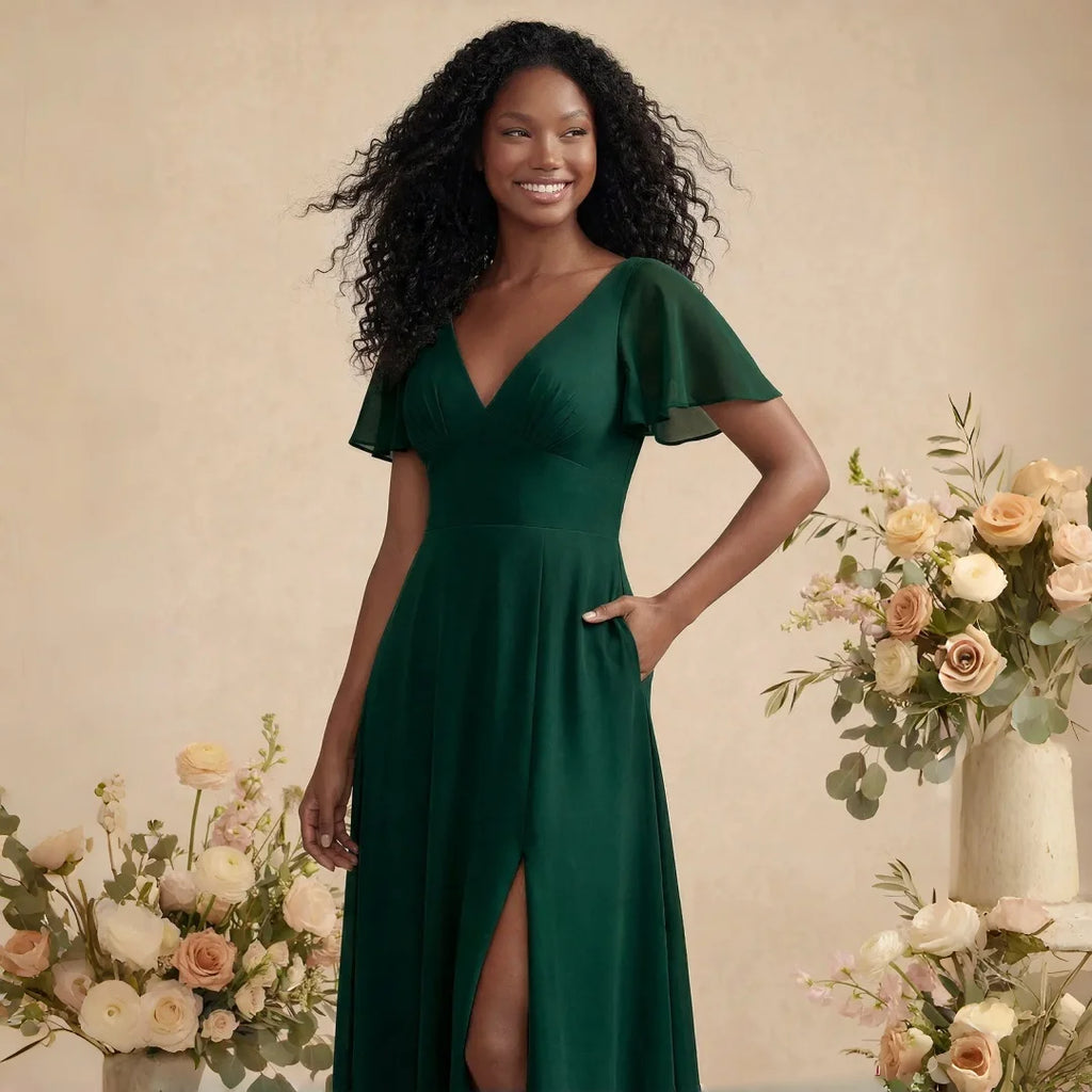 Irvington Green Plus Size Chiffon Bridesmaid Deep V Neck Flutter Sleeves Hidden Pockets Dress