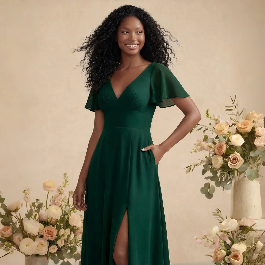 Irvington Green Plus Size Chiffon Bridesmaid Deep V Neck Flutter Sleeves Hidden Pockets Dress