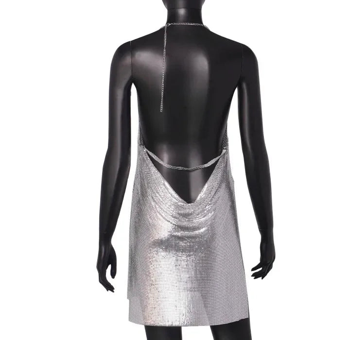 Square Backless Sequin Suspender V-neck Halter Neck Split Dress