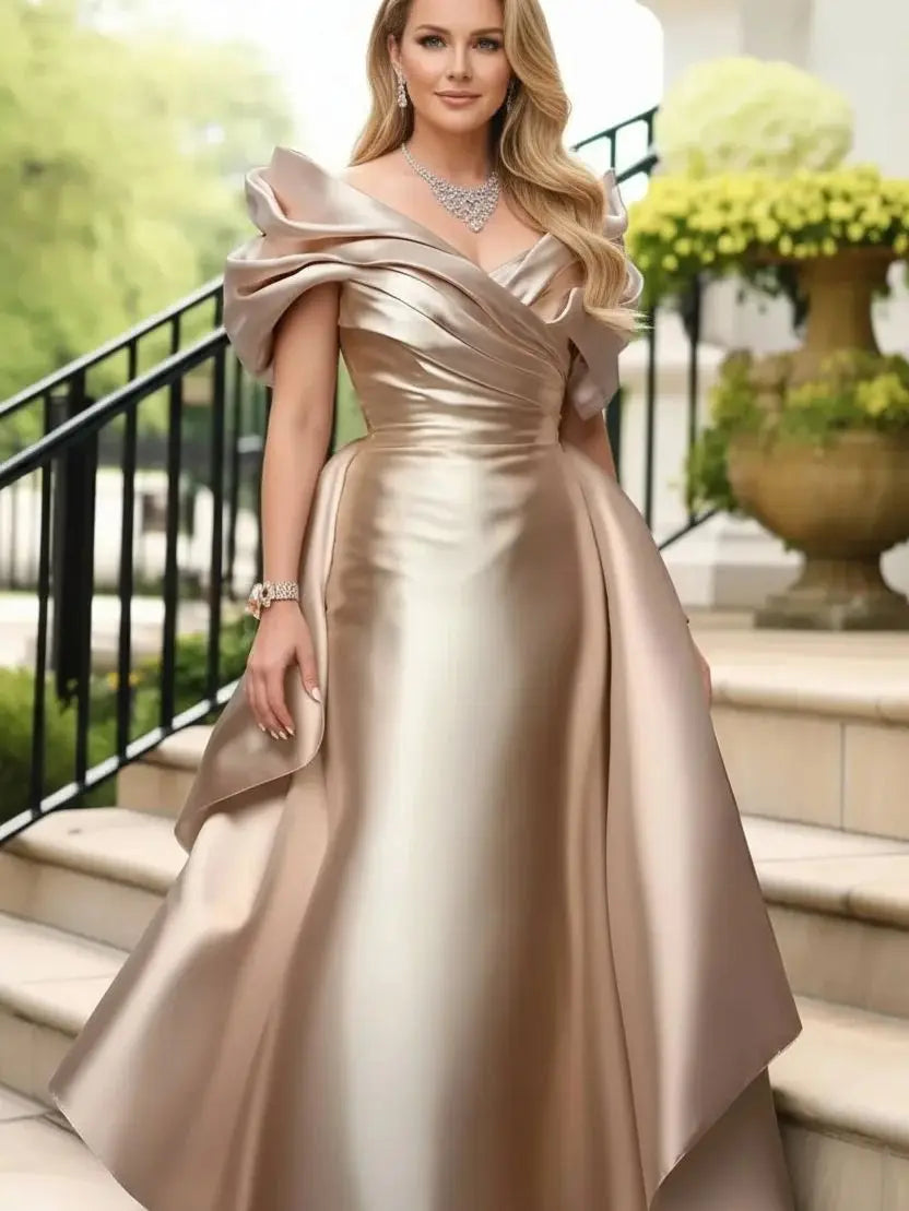Morristown Plus Size Satin Evening Off Shoulder Puff Sleeve Solid Color Maxi Dress
