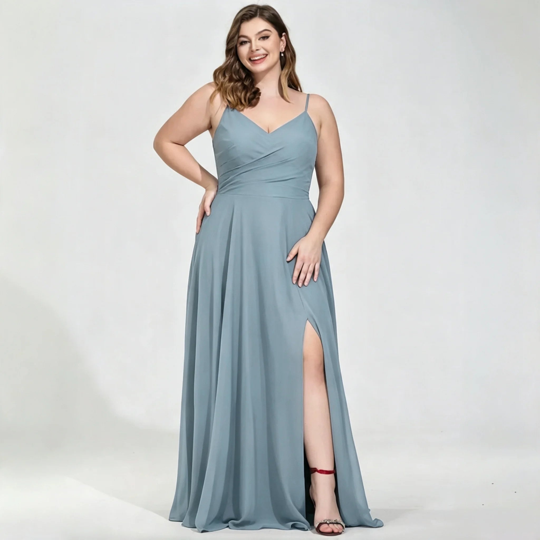 New York Plus Size Burgundy Chiffon Bridesmaid Spaghetti Strap Surplice V Neck Ruched Dress
