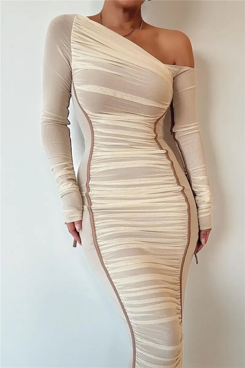 Dyker Heights Diagonal Collar Long Sleeve Mesh Backless Ruched Bodycon Midi Dress