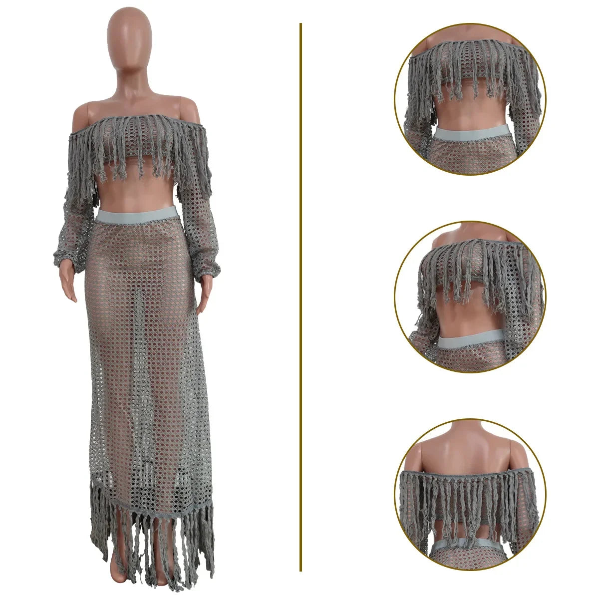 Off Shoulder Tassel Hollow Out Beach Set