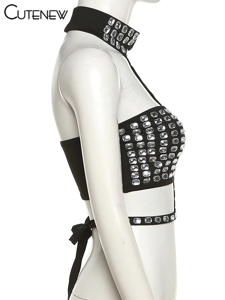 Gloversville Off-Shoulder Shiny Crop Casual Strapless Halter Streetwear Top