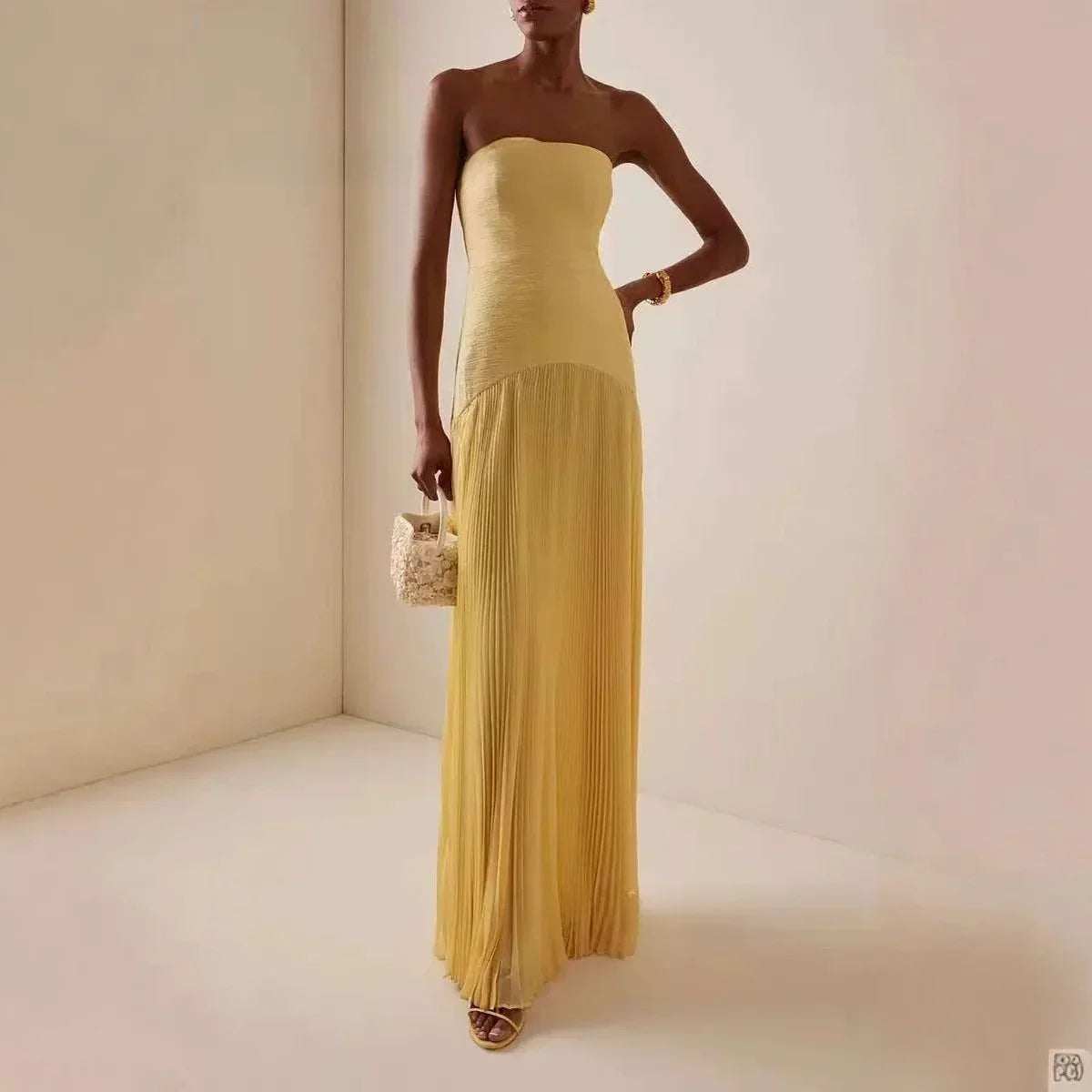 Bolair Strapl Pleated Dr Ribbed Fabric Long Elastic Waist Gored Dress