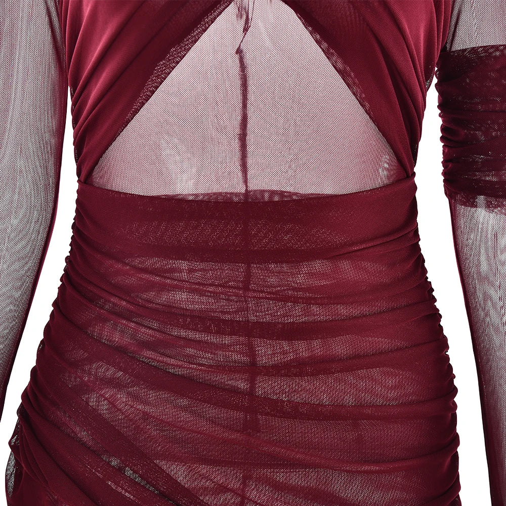 Kenilworth Mesh Patchwork Sheer Sexy Ruched Long Sleeve Bodycon Party Club Maxi Dress