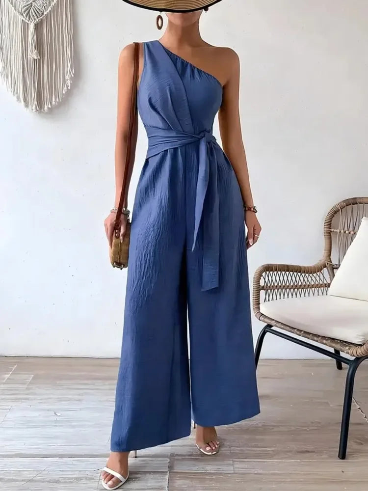Detroit Fashion Sleeveless Diagonal Collar High Waist Lace-up Wide Leg Jumpsuits
