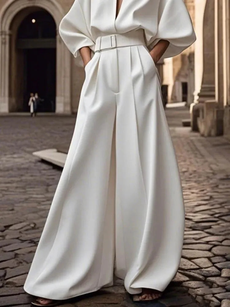 2026 Women Luxury Minimalist Jumpsuit Women's Jumpsuits And Rompers Jumpsuits V Neck Puff Sleeve High Waist Wide Leg Outfits