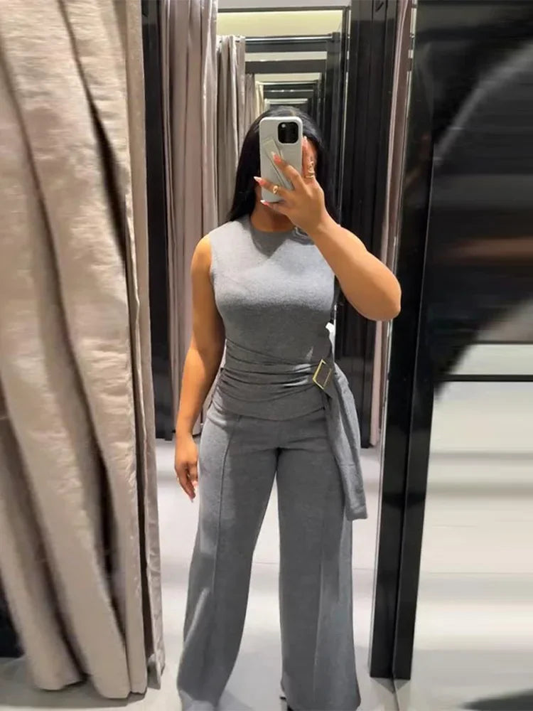 Michelle O-neck Casual Solid High Waist Two Pieces Sets