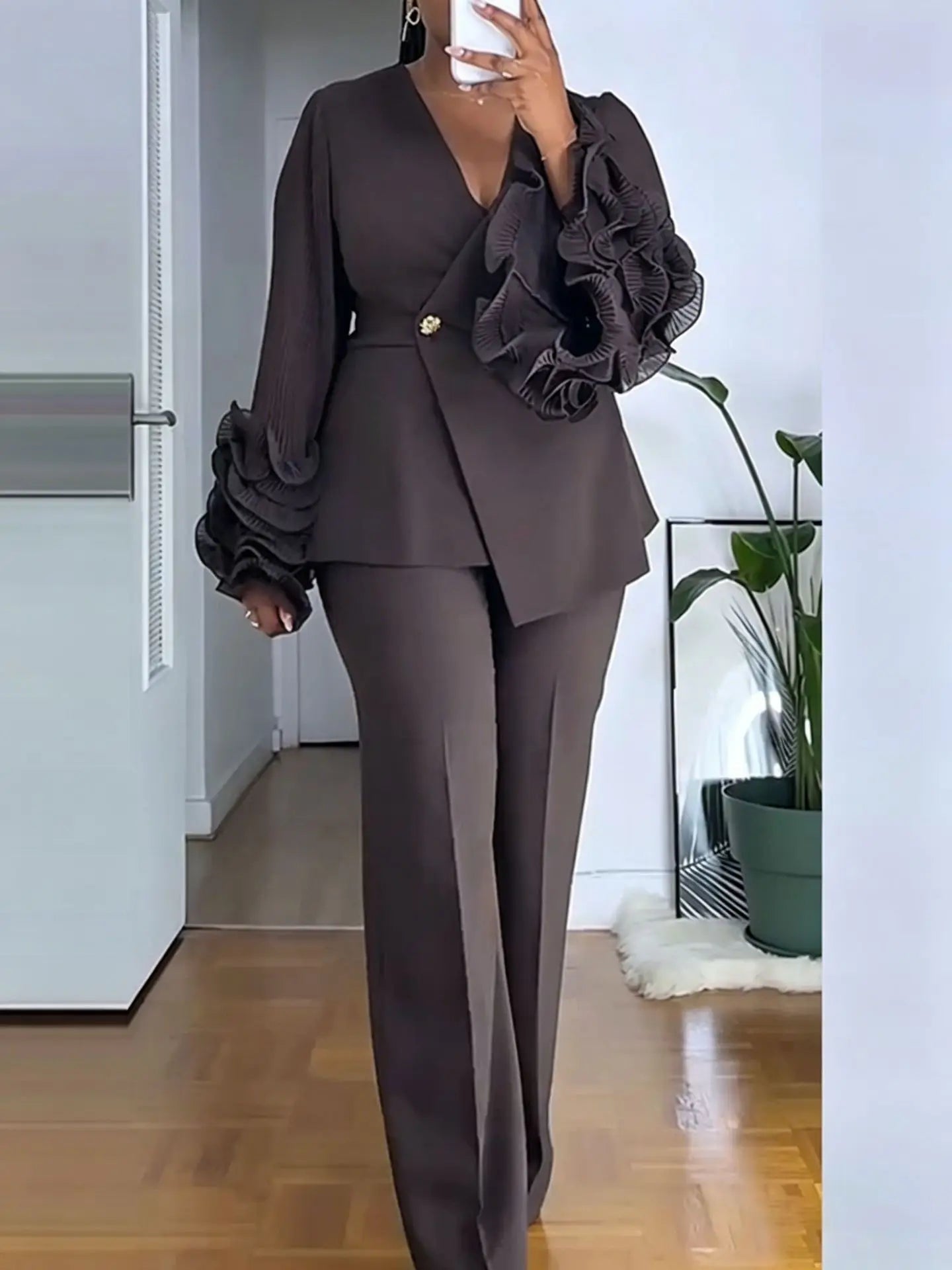 Mila Deep‑V Ruffle Long‑Sleeve Straight‑Leg Two Piece Sets