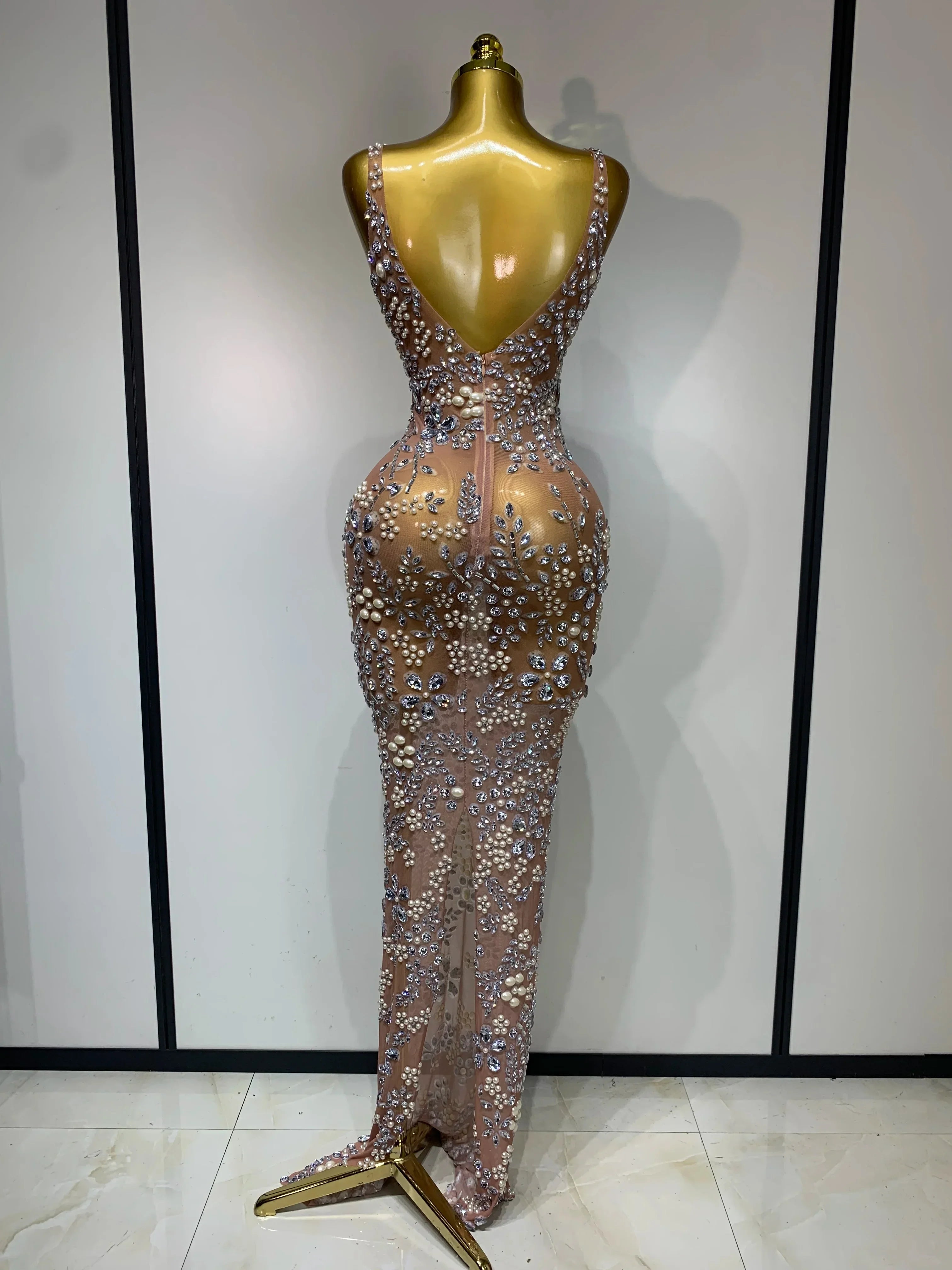 Winchester Lxury Diamonds Mesh See Through Long Elegant Dress