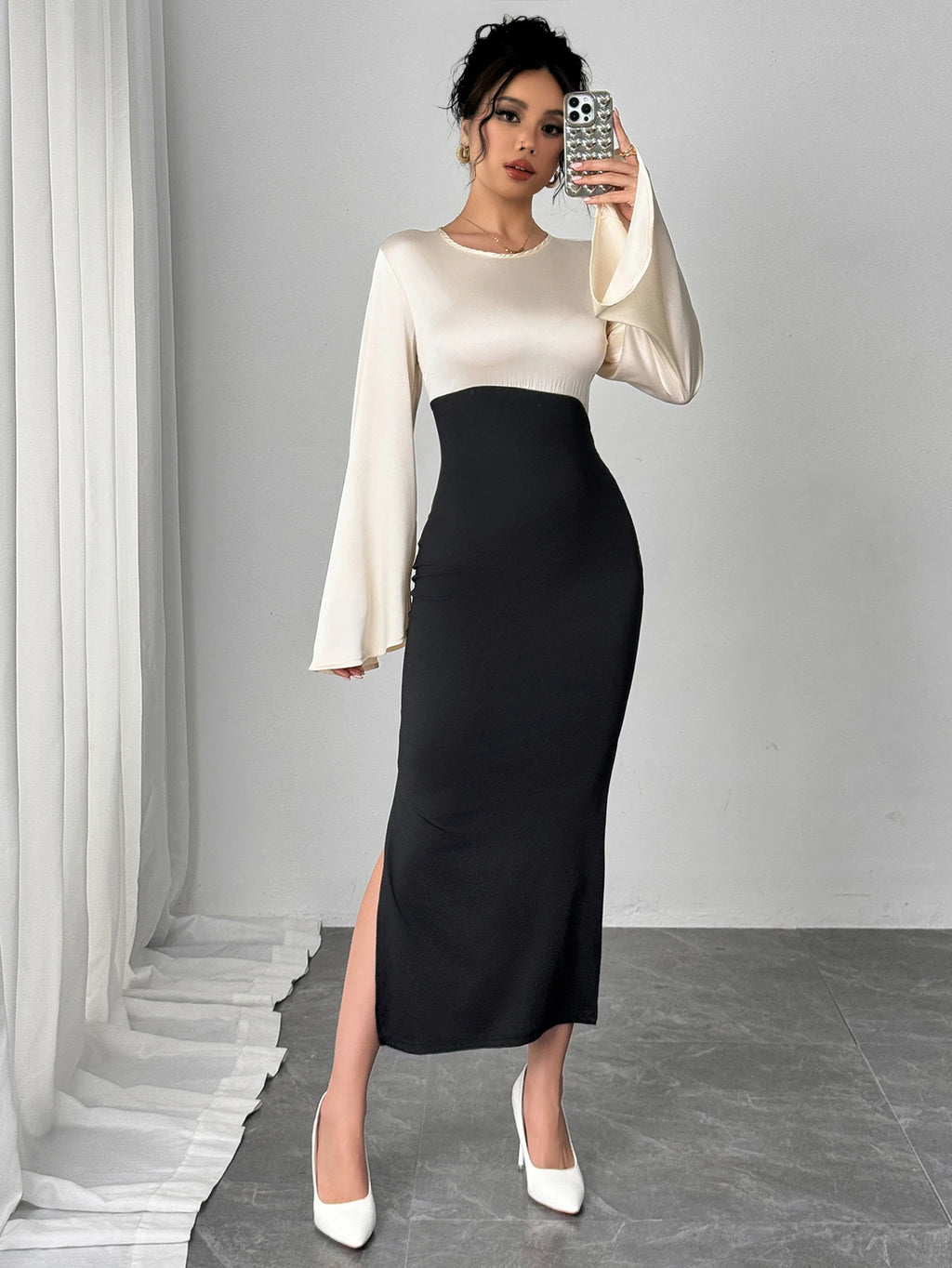 Piscataway Bell Sleeve Color Block Satin Bodycon Casual Elegant Dress