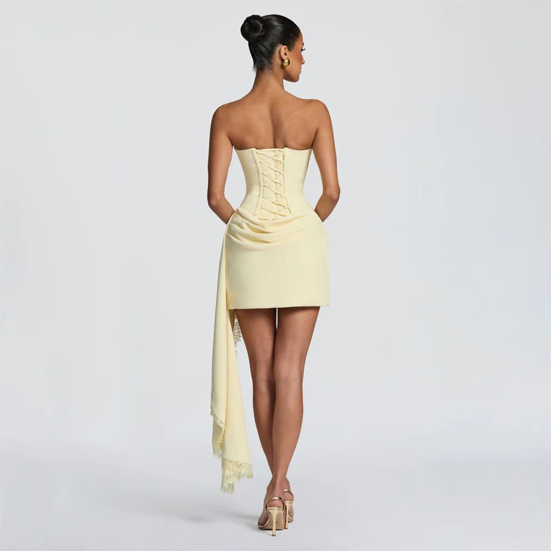 Telaby Lace Trim Patchwork Strapless Ribbon Bodycon Dress