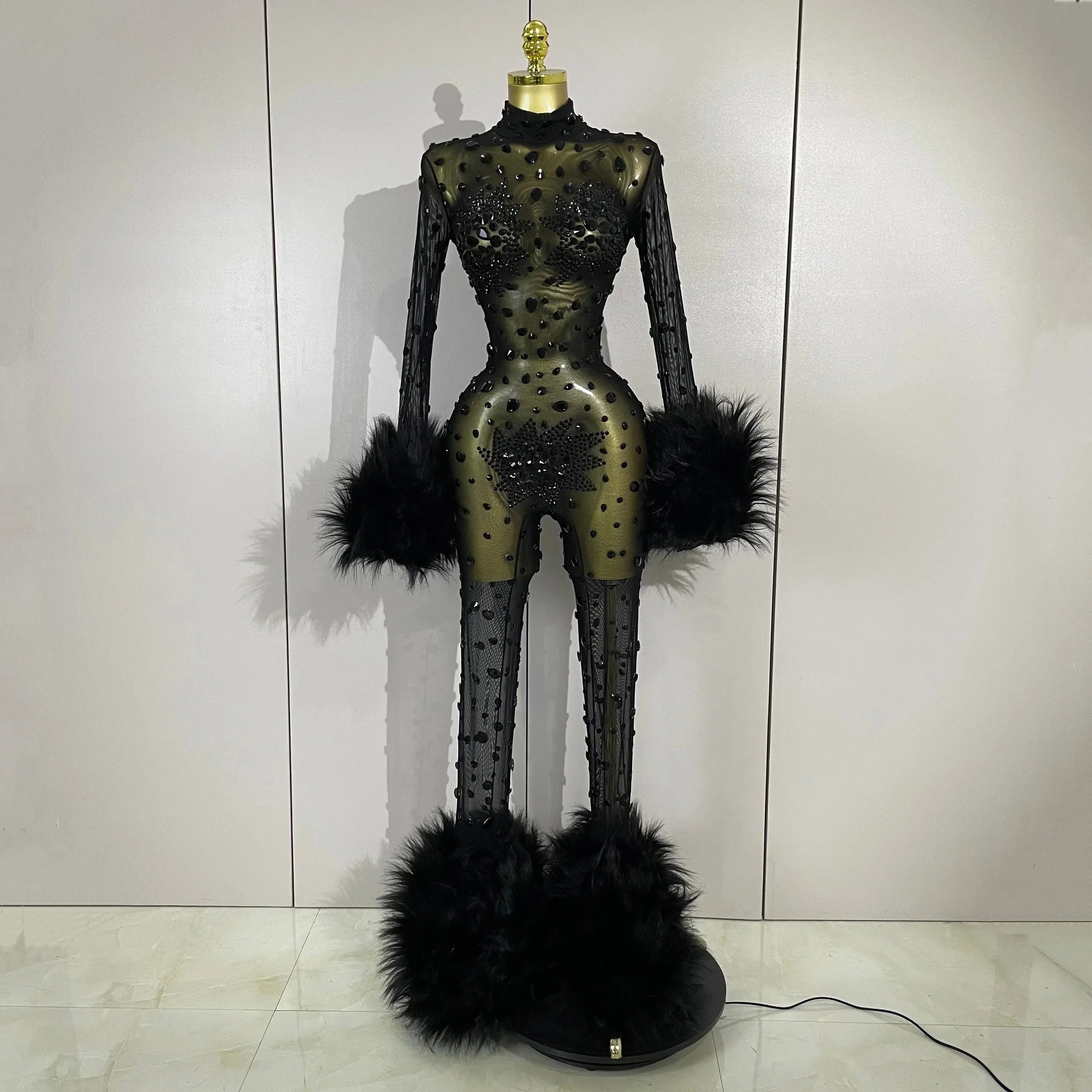 Binghamton Diamond Black Mesh Transparent Stretchy Long Sleeve Jumpsuit