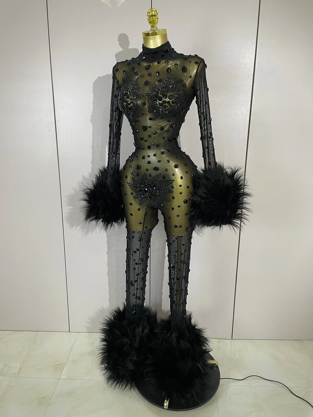 Binghamton Diamond Black Mesh Transparent Stretchy Long Sleeve Jumpsuit