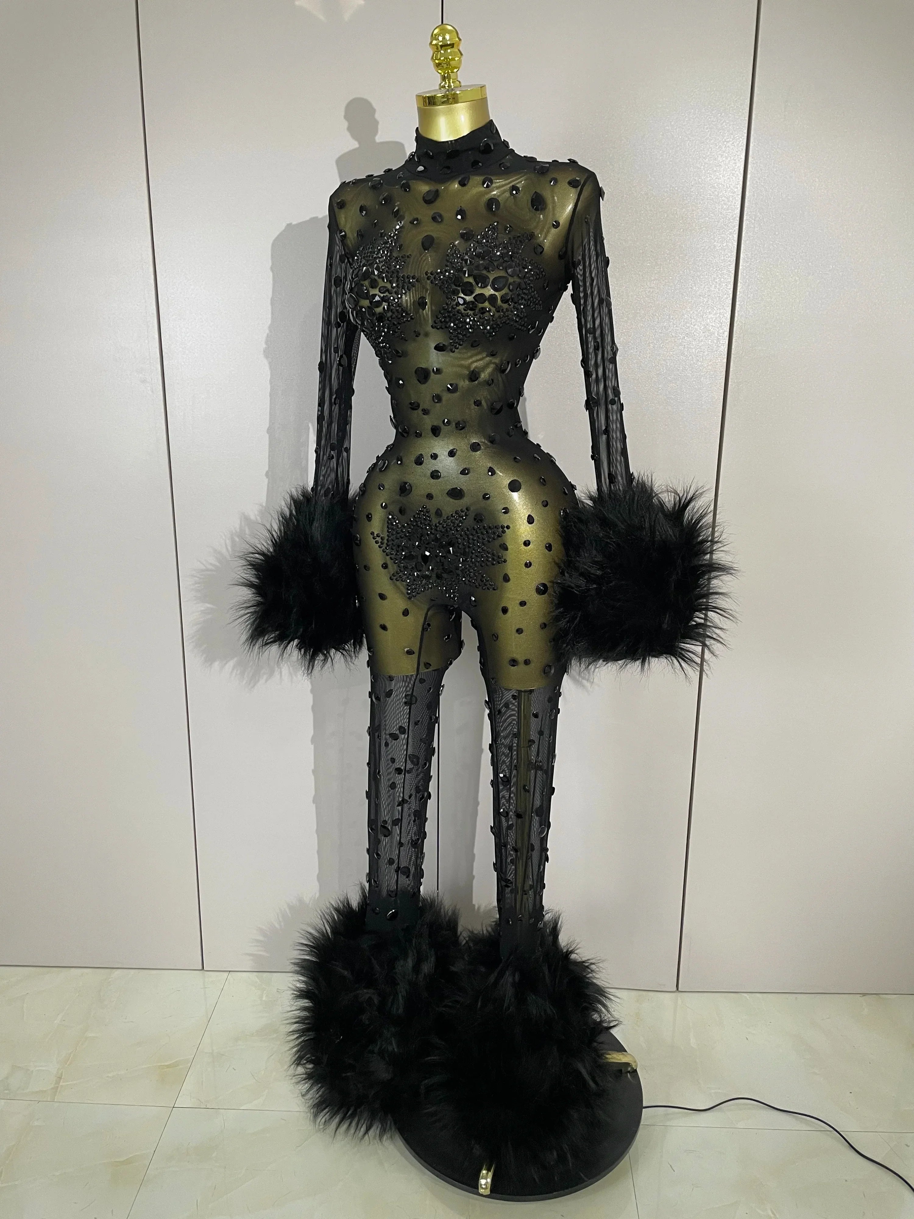 Binghamton Diamond Black Mesh Transparent Stretchy Long Sleeve Jumpsuit