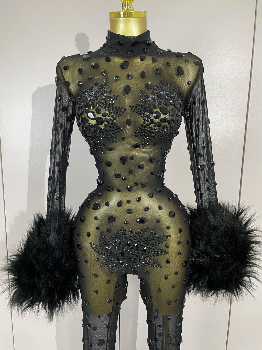 Binghamton Diamond Black Mesh Transparent Stretchy Long Sleeve Jumpsuit