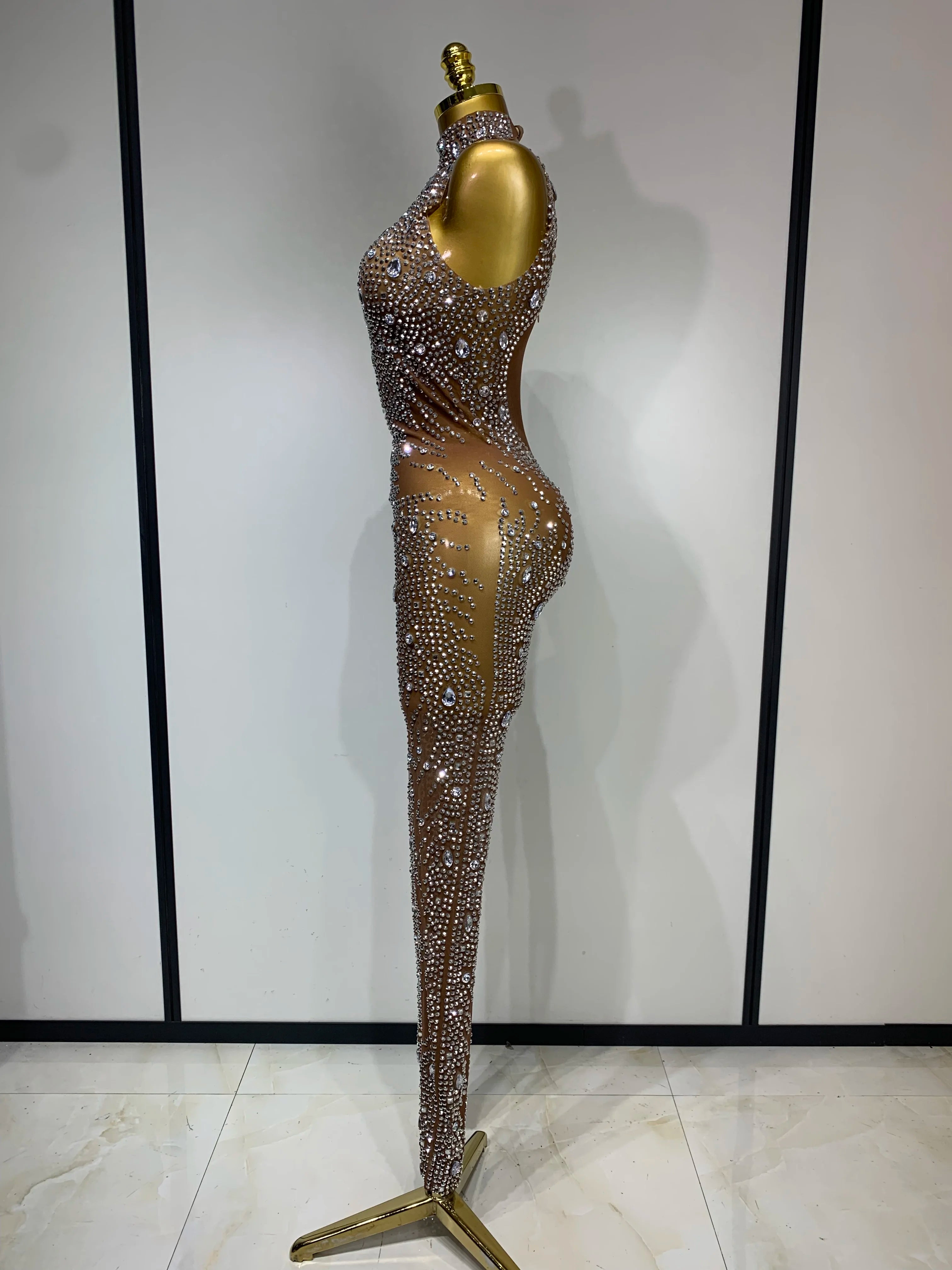 Rochester Hills Rhinestones Jumpsuit Mesh See Through Performance Dance Jumpsuit