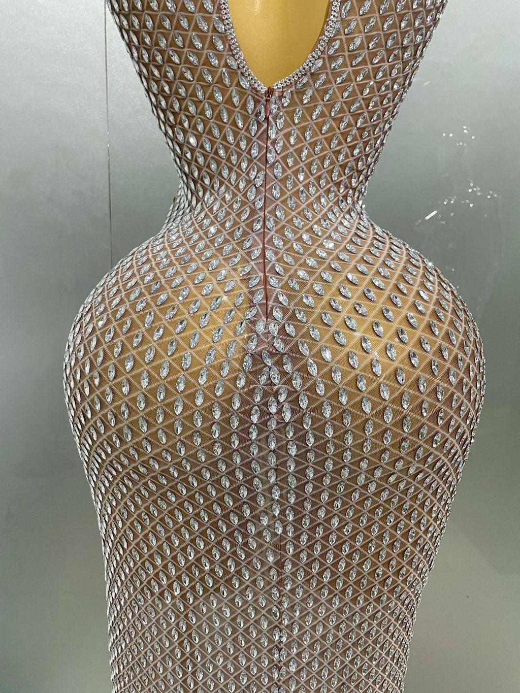 Frederick Full Rhinestones Mesh Transparent Long Elegant Dress