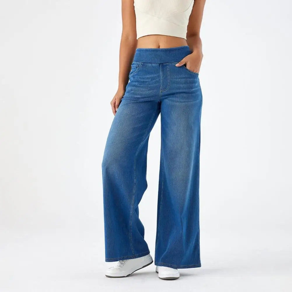 Women Jeans with Pockets Elastic Casual High Waist Wide-leg Jeans Solid Color Full