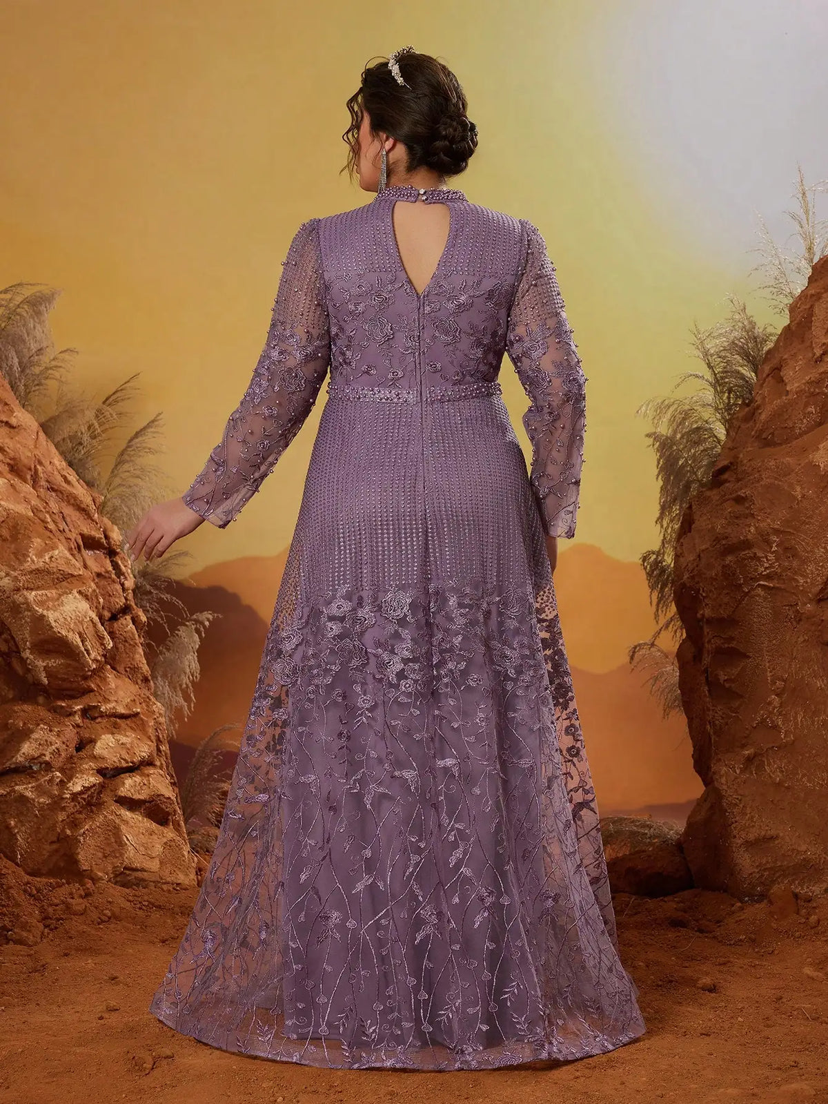 La Perla Elegance Plus Size Long Sleeve Embroidery Lace with Rhinestones Maxi Dress