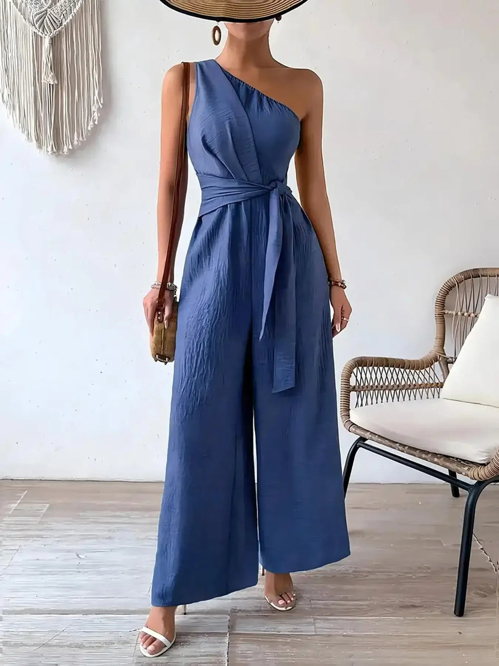 Detroit Fashion Sleeveless Diagonal Collar High Waist Lace-up Wide Leg Jumpsuits