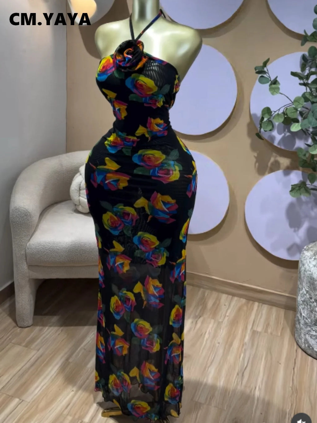 Zatori Elegant Floral Printed Halter Neck Sleeveless Maxi Dress