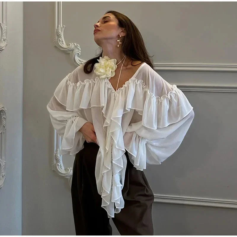 Allentown White Chiffon V-Neck Sexy See Through Shirt Beach Blouse
