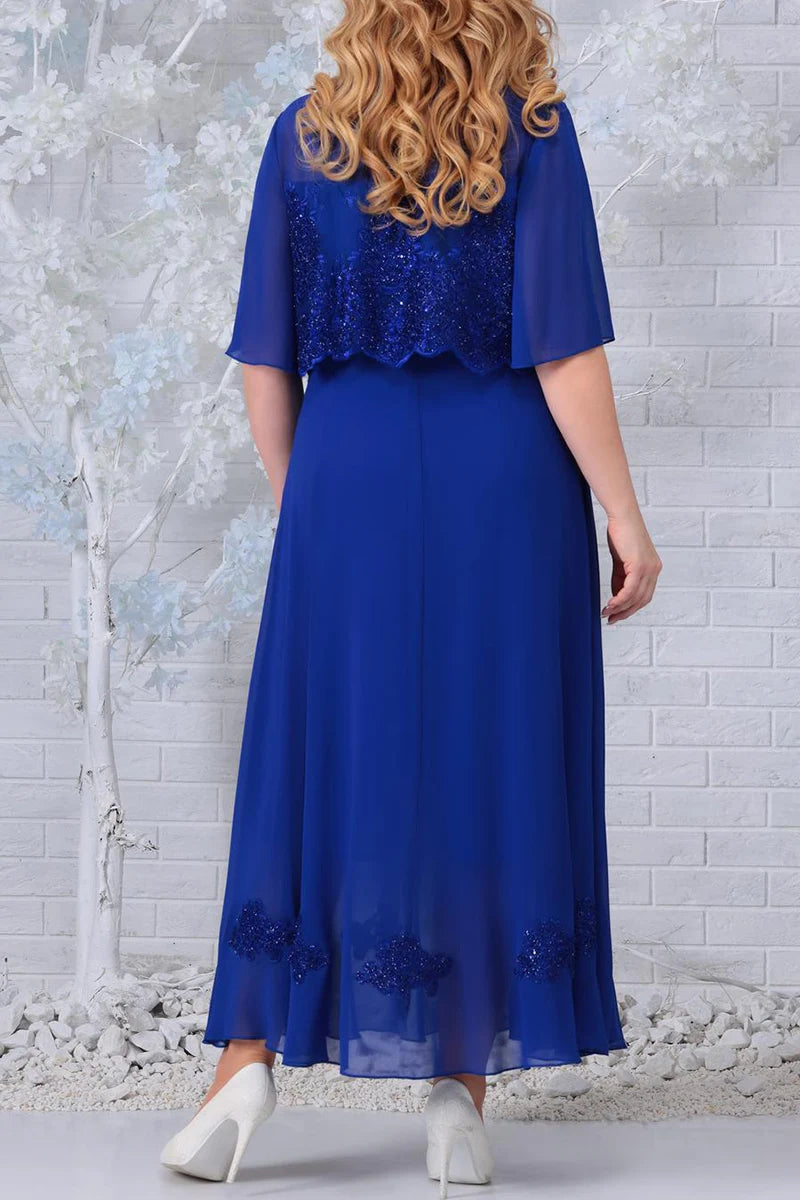 Los Angeles Plus Size Chiffon Half Sleeve Fake Two Pieces Maxi Dress