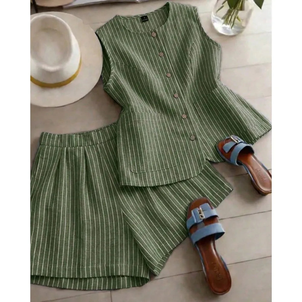 Yudy Summer New Striped Sleeveless Two Piece Sets