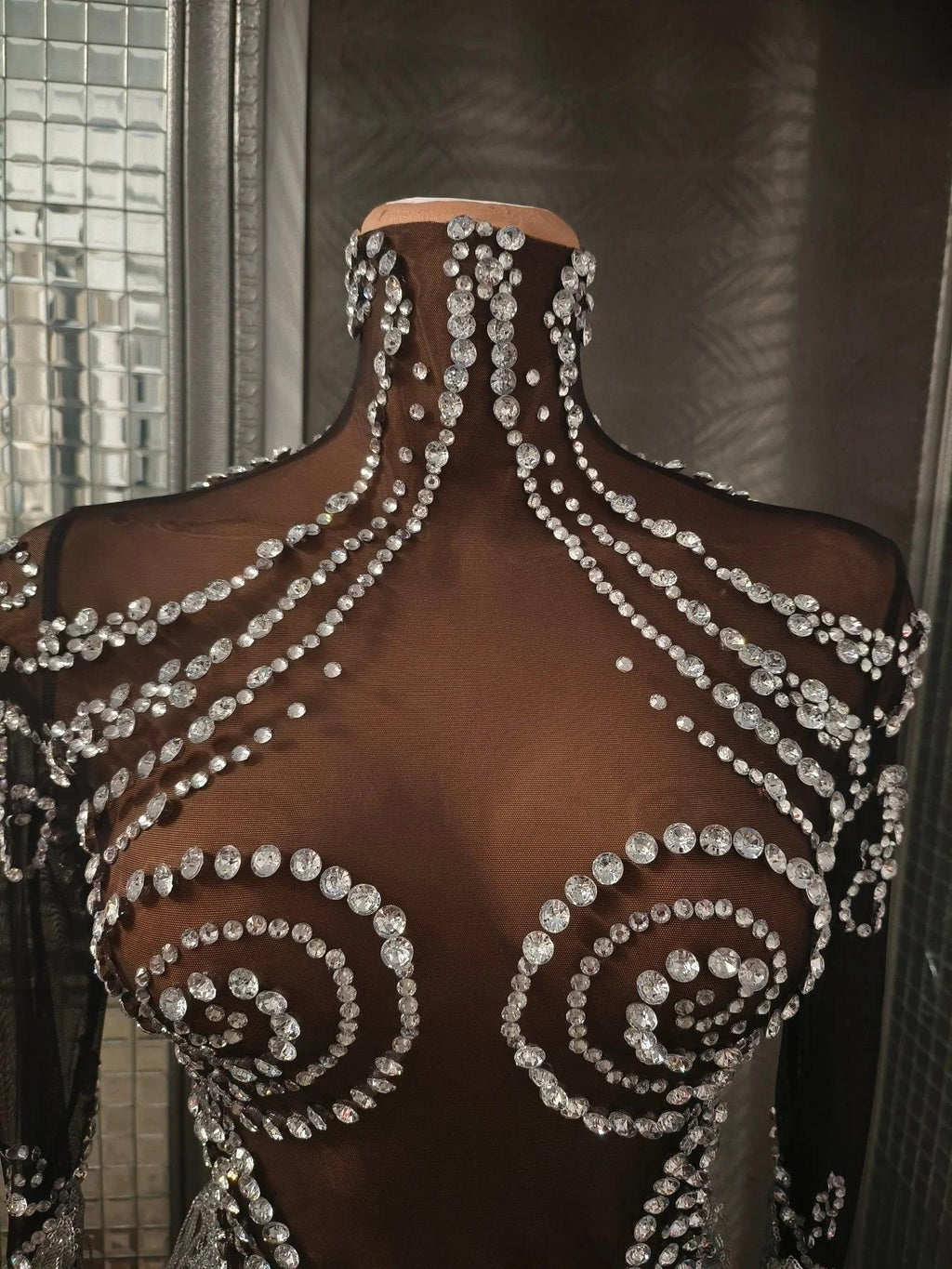 Carbondale Sparkly Rhinestone Tassel See Through Mesh Mini Dress