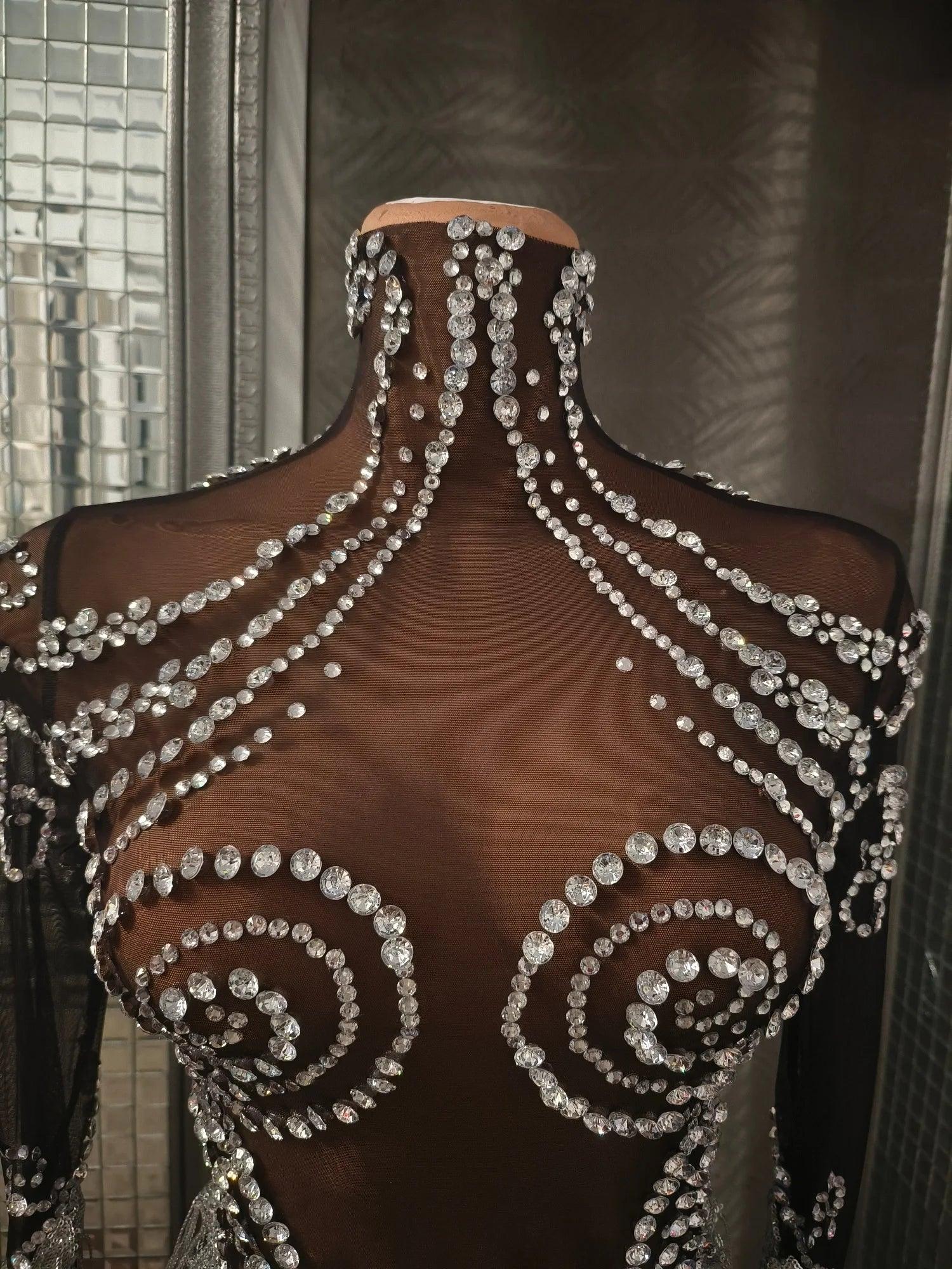 Carbondale Sparkly Rhinestone Tassel See Through Mesh Mini Dress