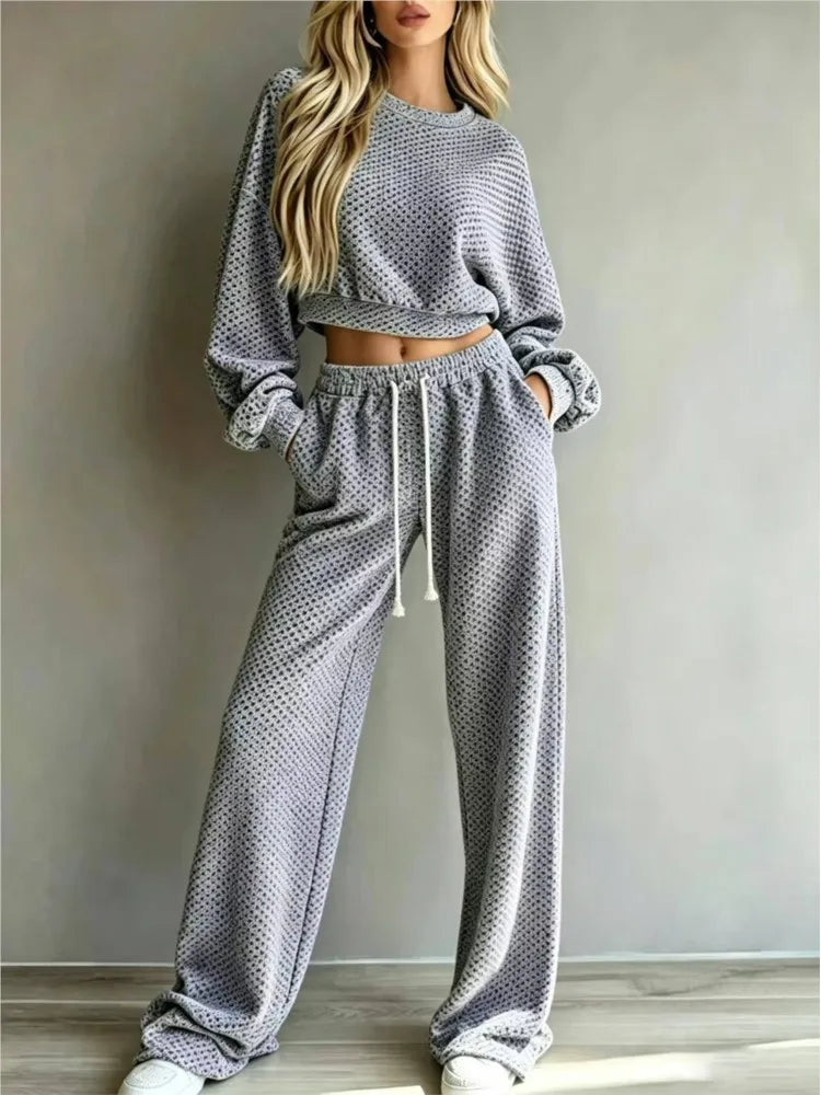 Eimy Long Sleeve Textured Lounge Wear Two Piece Sets