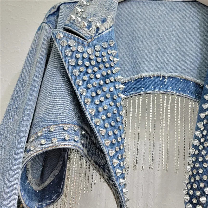 Stroadsburg Beaded Tassels Rivets Crystal Fringed Backless Cowboy Jacket