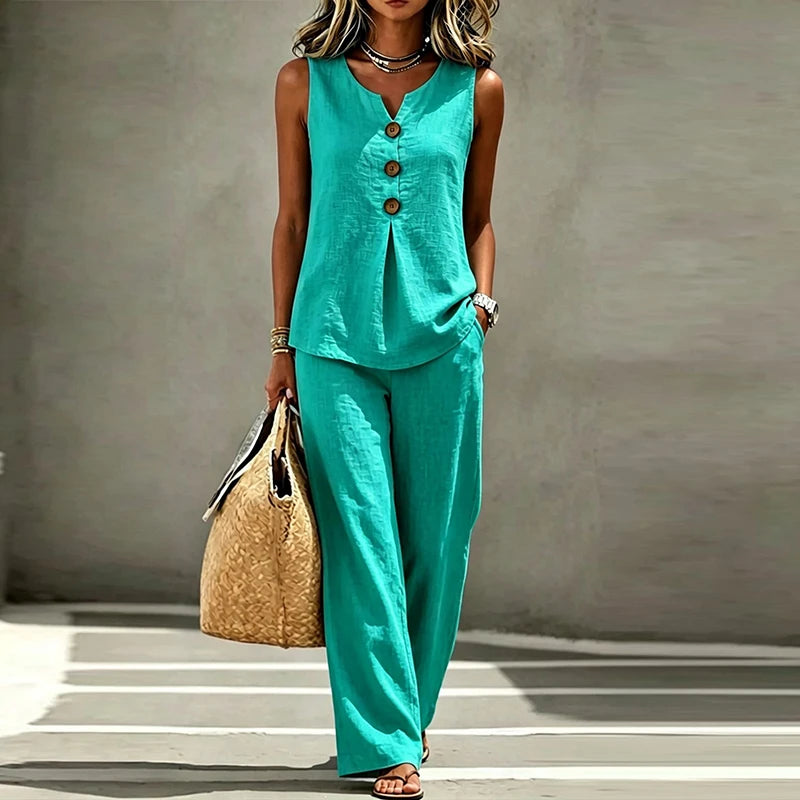 Merida Summer Sleeveless V Neck Button Two Piece Sets