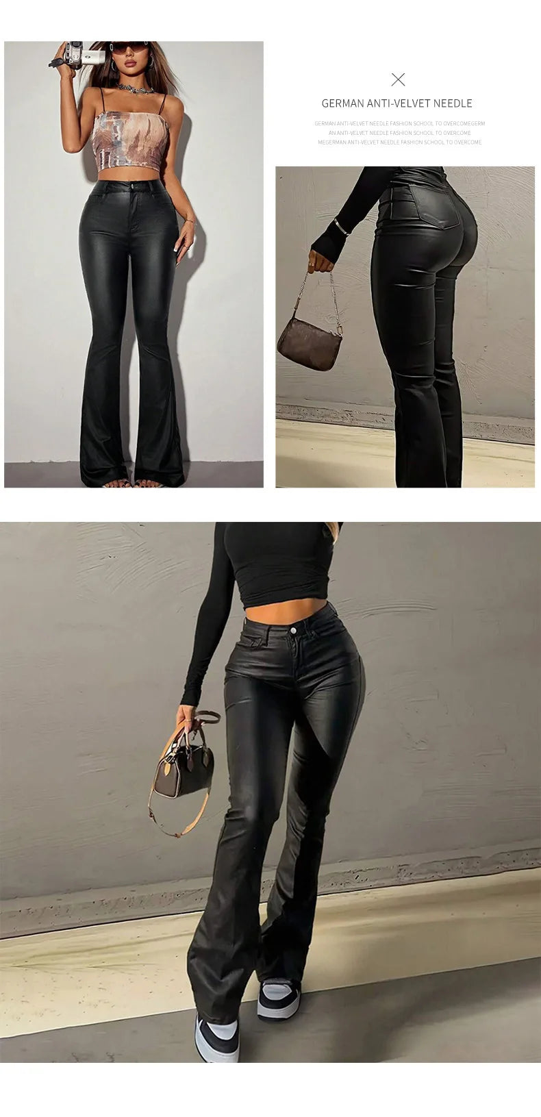Liboa High Waist Slimming PU Leather Micro Flared Dragging Ground Casual Pants