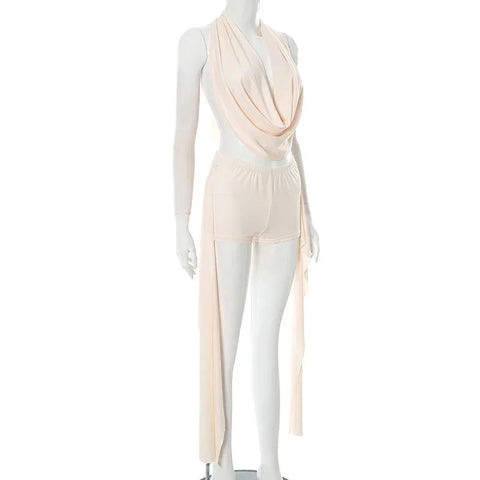Beattystown Puss Elegant Halter Swing Collar Backless Sexy Tank Side Tassel Matching Set