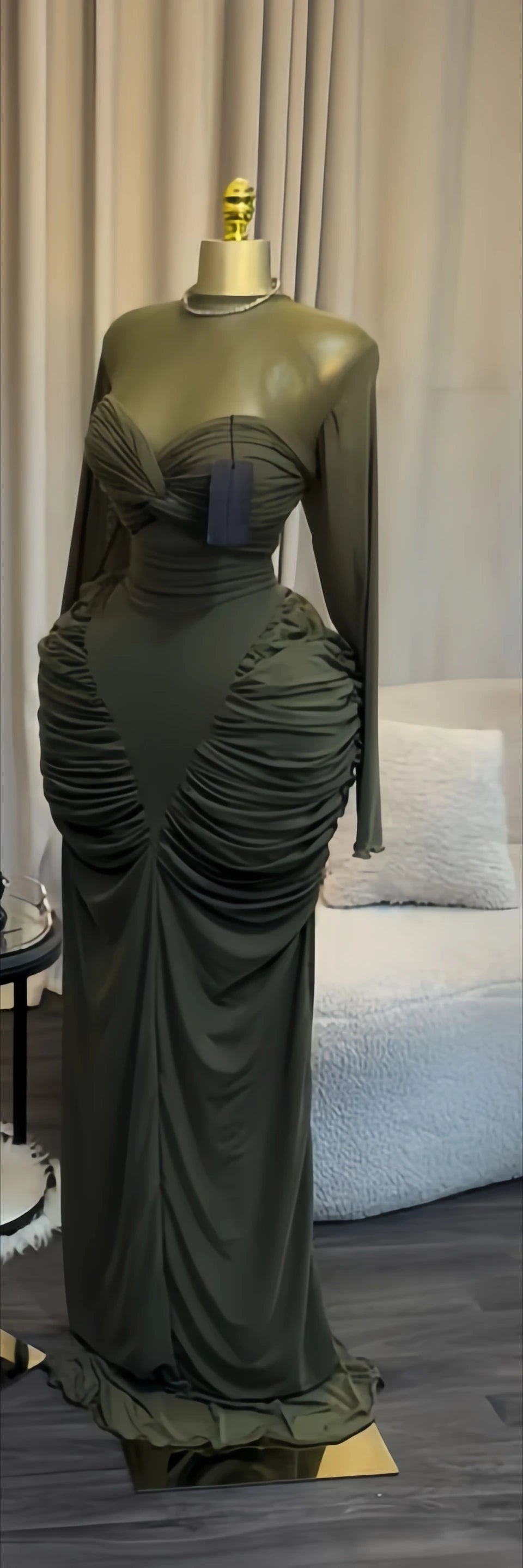 Ocean City Long Sleeve Patchwork Ruched Stacked Lace Up Smock Maxi Long Dress