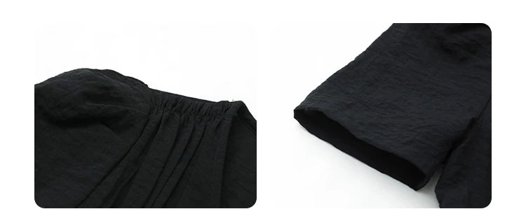 French Style Vintage V Neck Puff Sleeve Solid Black Loose Long Dress