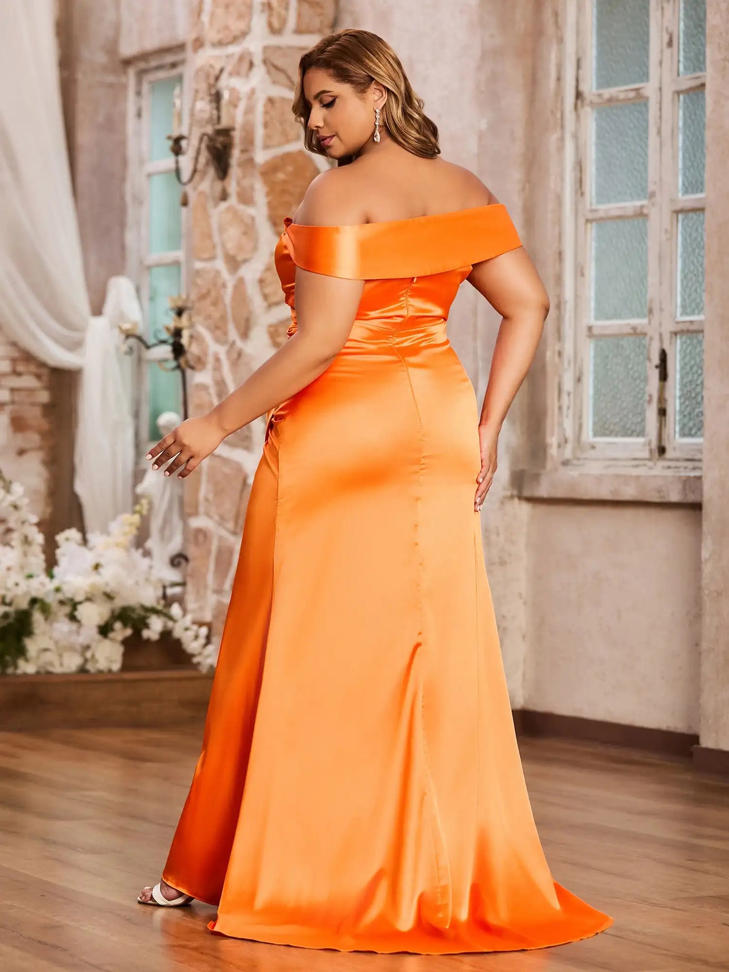 New Haven Plus Size Off Shoulder Ruched Satin Evening High Slit Formal Gown Dress