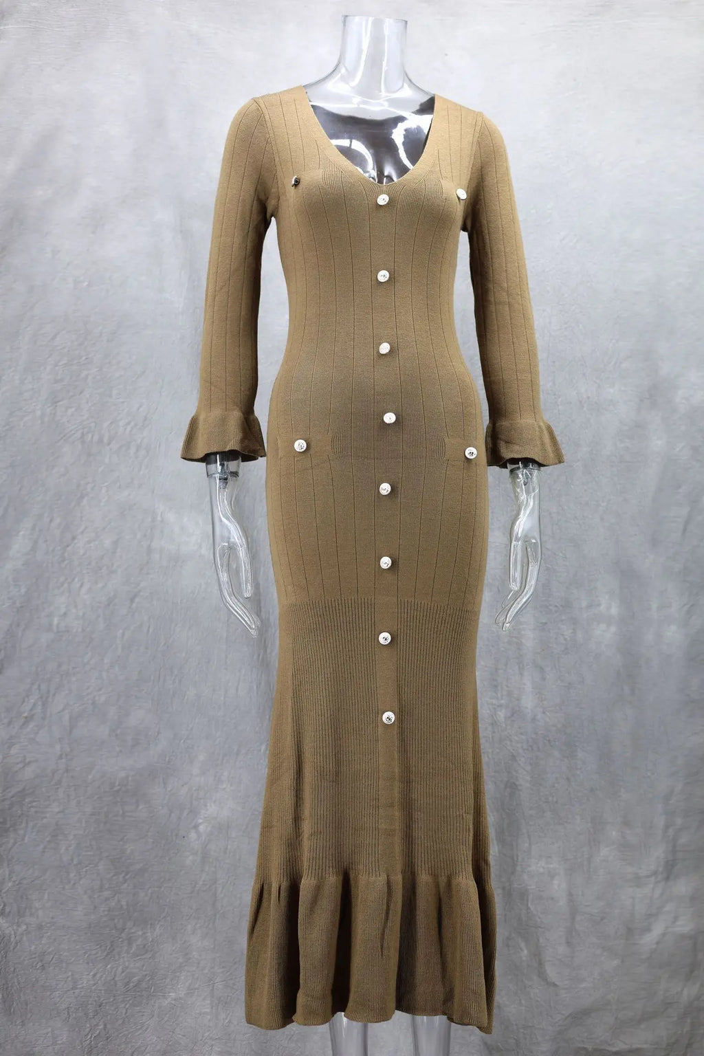 Tennessee Elegant Knitted Fashion V Neck Long Sleeves Slim Buttons Solid Color Long Dress