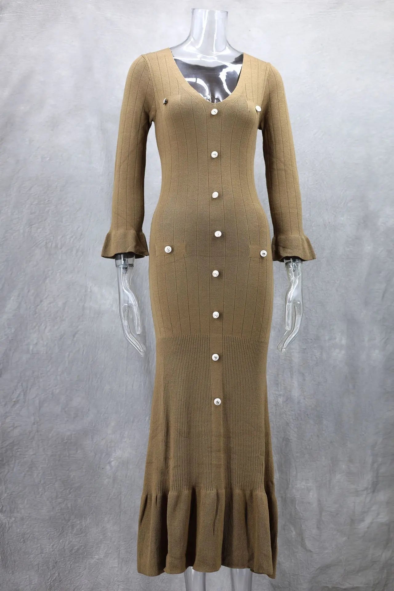 Tennessee Elegant Knitted Fashion V Neck Long Sleeves Slim Buttons Solid Color Long Dress