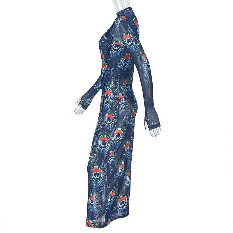 Canada Feathers Print Turtleneck Long Sleeve Hips Wrapped Long Dress