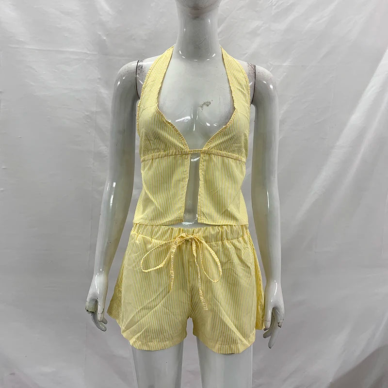 Ployi Lace up Hanging Neck Sleeveless Two Piece Sets