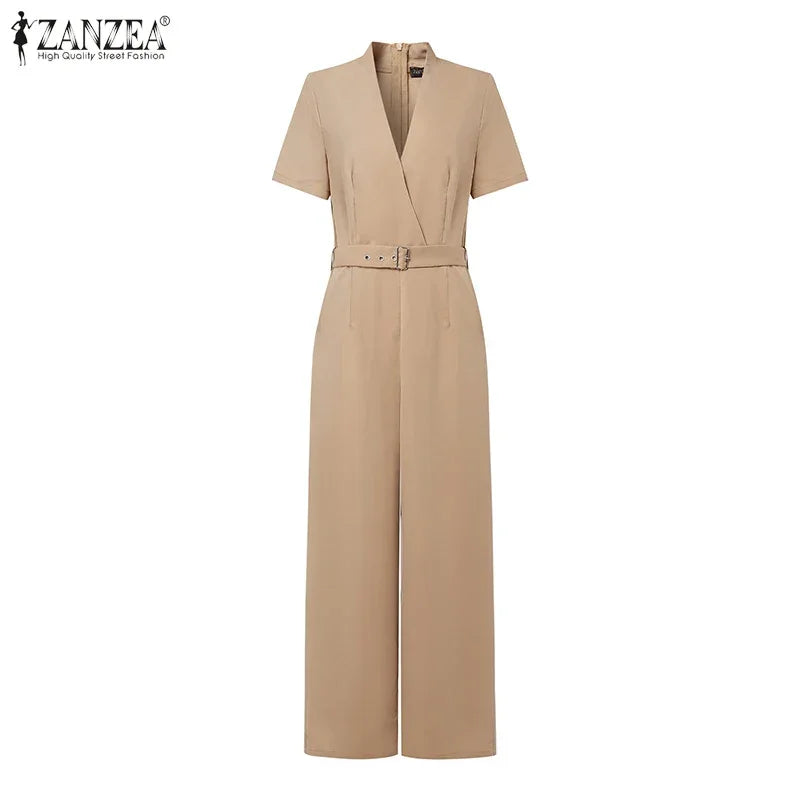Weirton High Waist Jumpsuits Workwear Belt Rompers Solid Deep V Neck Elegant Overalls