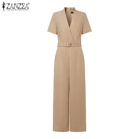 Weirton High Waist Jumpsuits Workwear Belt Rompers Solid Deep V Neck Elegant Overalls